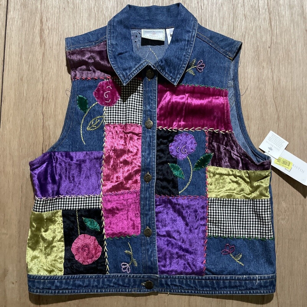 Women’s SUSAN BRISTOL Blue Denim Vest Floral Embroidery Buttons‎ Pink Petite